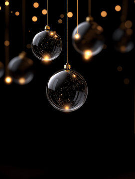Black Christmas background with hanging transparent baubles. Space for text. 