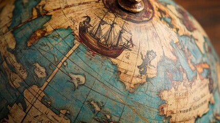 Fototapeta premium Macro shot of a vintage globe with tiny ships and sea monsters drawn into the oceans, highlighting the whimsical design of old-world cartography.