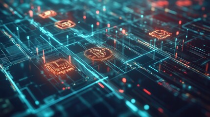 High-tech digital grid with Bitcoin symbols connected by blockchain lines, representing the security and innovation of cryptocurrency.