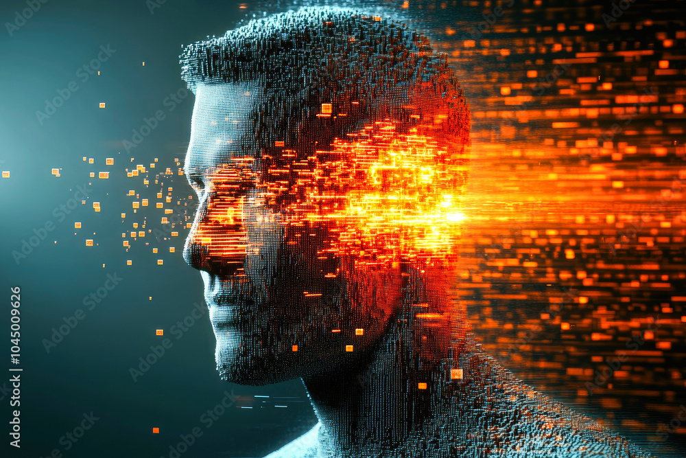 Poster a man's profile gradually merging into a cascading stream of glowing digital data, symbolizing the c
