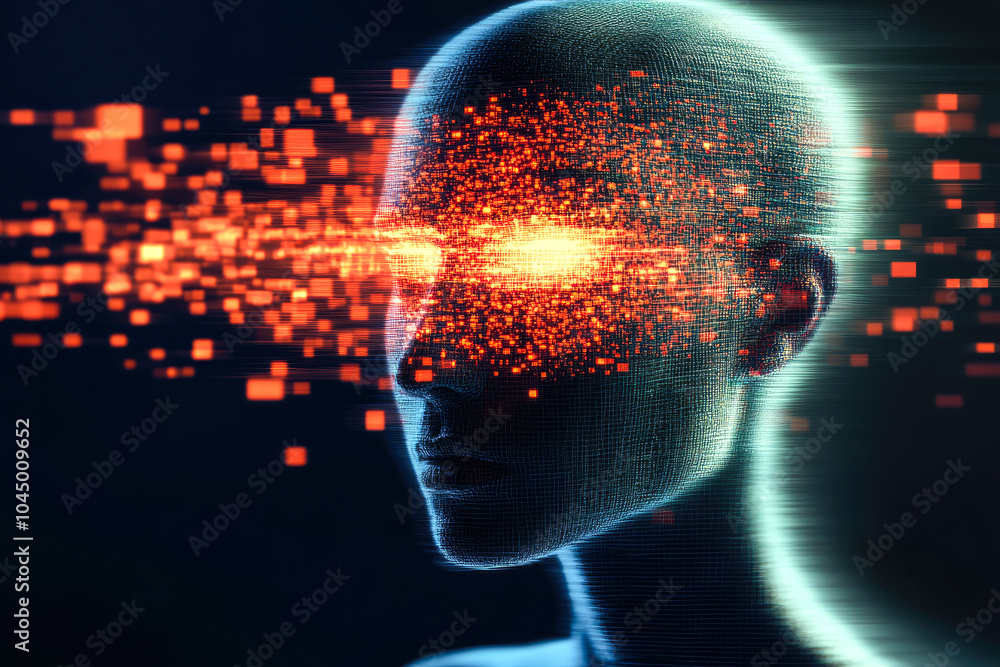 Poster an abstract digital rendering of a human form dissipating into vibrant orange pixels, illustrating t