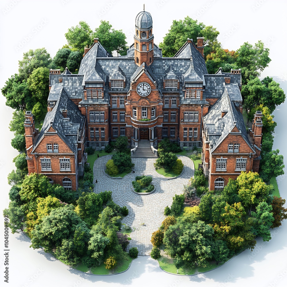 Poster top view 3d render of traditional redbrick school building with a towering clock nestled within a la