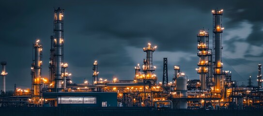 Obraz premium A massive oil and gas intertwined industrial complex with towering towers, pipes, and tanks at night