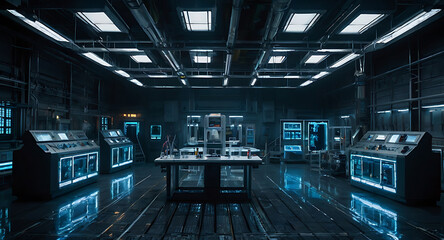 Pixelated 8-bit style high-tech laboratory interior with glowing screens, robotic arms, and metal floors for a sci-fi platformer game.