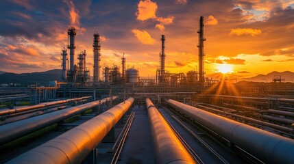 Industrial oil and gas refinery with sprawling pipelines and towering storage tanks under a vibrant, dramatic sunset sky.
