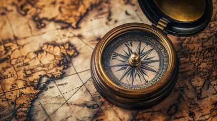 Close-up of a vintage ship's compass, placed on an old nautical map, emphasizing history, exploration, and craftsmanship.
