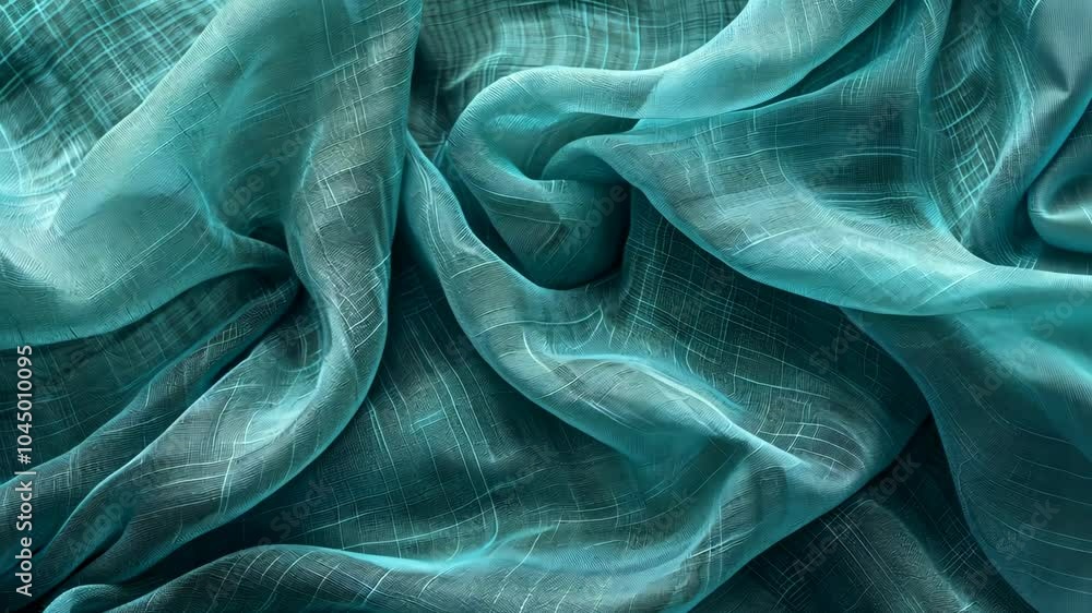 Poster a close-up of teal sheer fabric with a textured pattern, captured in a studio setting