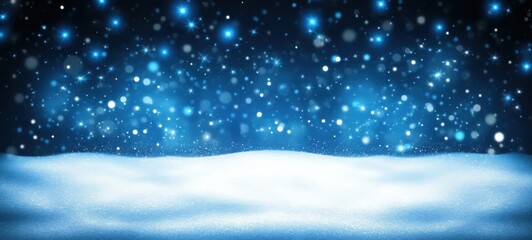 A serene winter night with softly falling snowflakes illuminated by blue lights in a snowy landscape
