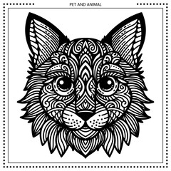 Cat illustration. High detail of line drawing. Black and white. Fit for coloring book, cover, background, element, poster, banner, tattoo, wall painting. Vector Eps 10.