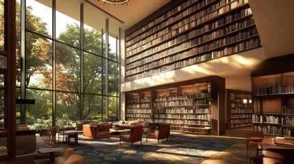 Inviting library with floor-to-ceiling bookshelves, cozy seating, and a warm, quiet atmosphere perfect for getting lost in a book.