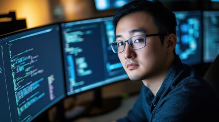 Fototapeta premium An East Asian male developer with glasses, fixing bugs on a large desktop setup with multiple screens.