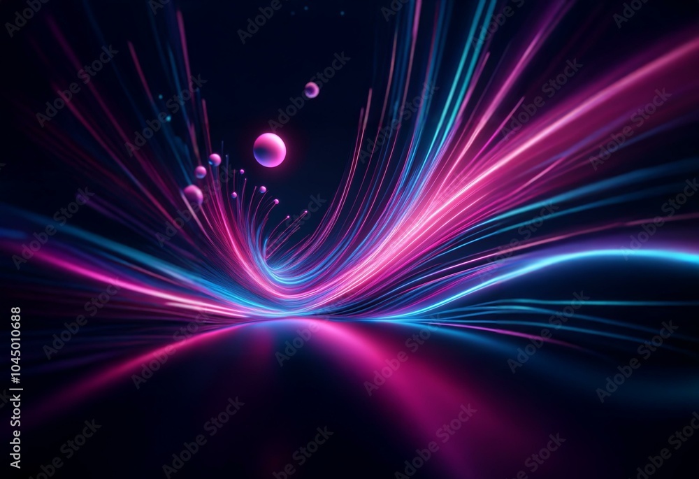 Poster Glowing streaks of pink and blue light bend and swirl through a dark space.