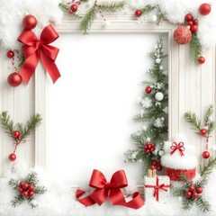 A festive Christmas wreath adorned with a red ribbon, surrounded by a cheerful holiday background featuring branches, decorations, and colorful balls, perfect for seasonal celebration