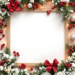 Christmas frame decorated with branches, cones, and festive ornaments