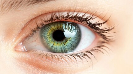 Close-up view of a human eye with striking green and brown hues, showcasing detailed eyelashes and reflections in natural light