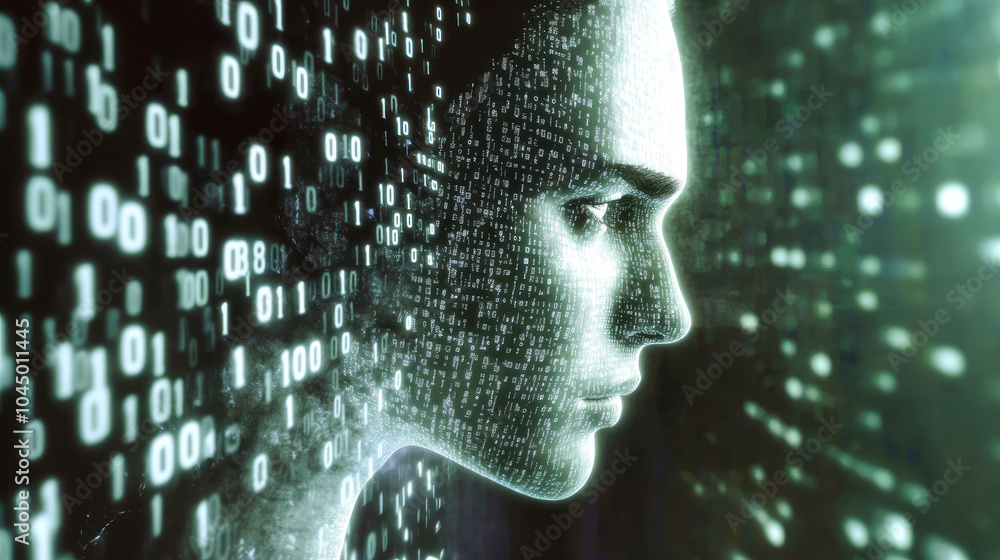 Poster a monochrome depiction of a human face integrated with binary code, floating within a digital data s