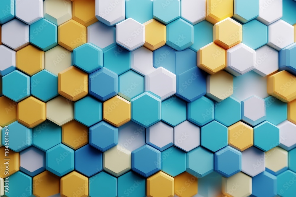 Poster colorful hexagonal tiles with blue, white, and yellow hues arranged in an intricate pattern on a mod
