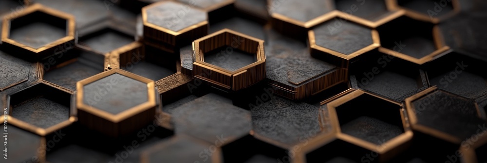 Poster close-up of intricately designed hexagonal patterns in wood and metal highlighting craftsmanship and