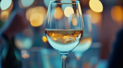 Festive office party celebration with wine and warm lighting