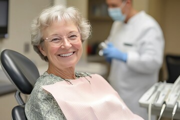 Fototapeta premium A Senior Woman Sits In A Dental Chair, Smiling Confidently After A Checkup, With A Dentist Visible In The Background.