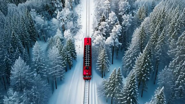 A red train travels through a snow-covered forest in winter