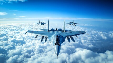 Three fighter jets fly in formation above the clouds.