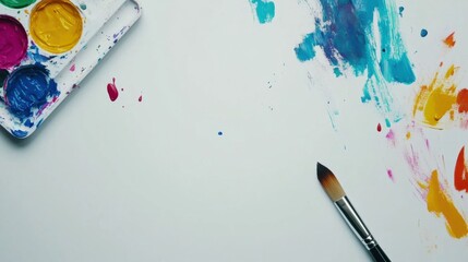 Clean white background with a paintbrush and a paint palette lying diagonally at the sides, creating space in the center for a message.