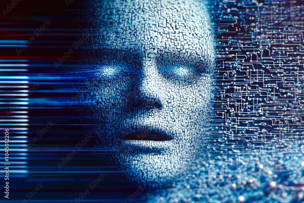 Poster a futuristic depiction of a digital face with glowing pixel-like eyes and surrounding circuit patter