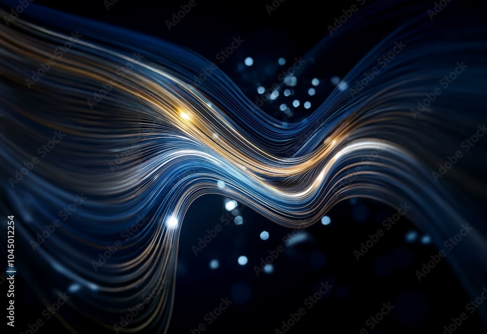 Poster wavy lines of blue and gold are set against a dark backdrop with shining lights.