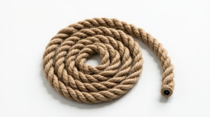 Obraz premium A thick, textured rope coiled neatly into a perfect spiral, lying on a white background; the rough texture contrasts beautifully with the smooth surface.
