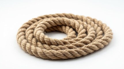 Obraz premium A thick, textured rope coiled neatly into a perfect spiral, lying on a white background; the rough texture contrasts beautifully with the smooth surface.