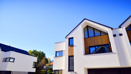 Residential homes with modern facade.Terraced family homes in newly developed housing estate. The...