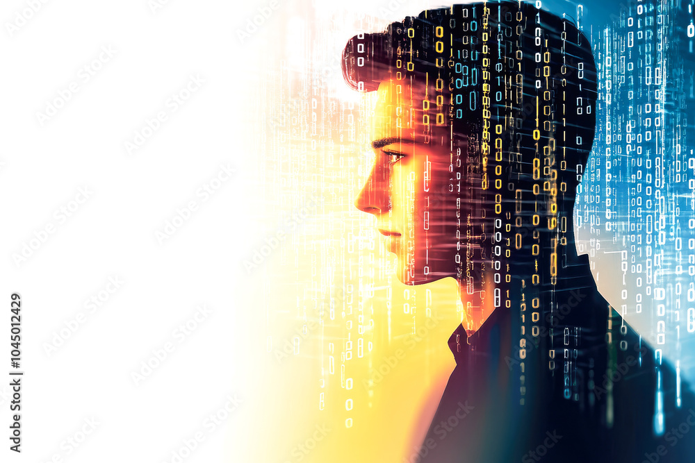 Poster a side profile of a person with a digital matrix effect overlay, illustrating the integration of dig