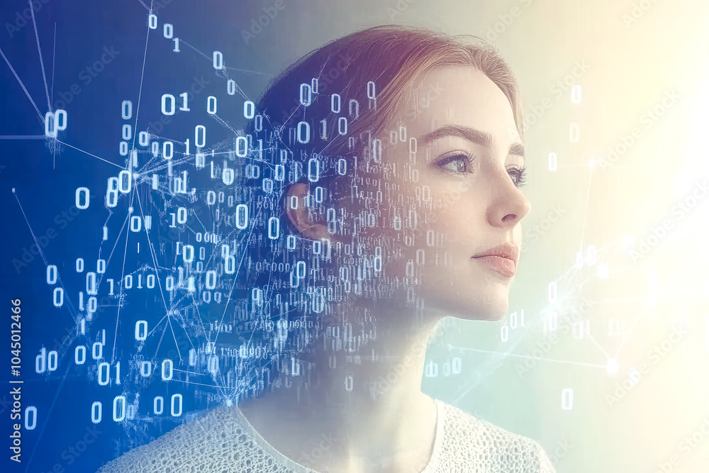 Poster a woman's face is merged with a digital binary overlay, illustrating the harmony between technology 