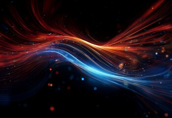 Vibrant red and blue streaks of light illuminate a dark background.