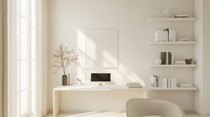 A minimalist home office with a large desk, a comfortable chair, and a large window overlooking a garden.