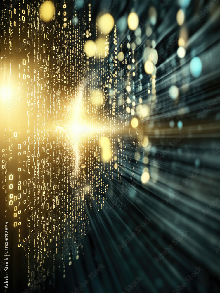 Poster depicting data streams converging with light bursts, the abstract image captures the complexity and 