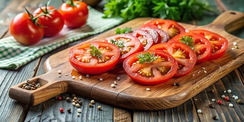 Sliced ripe tomatoes with seasoning on cutting board