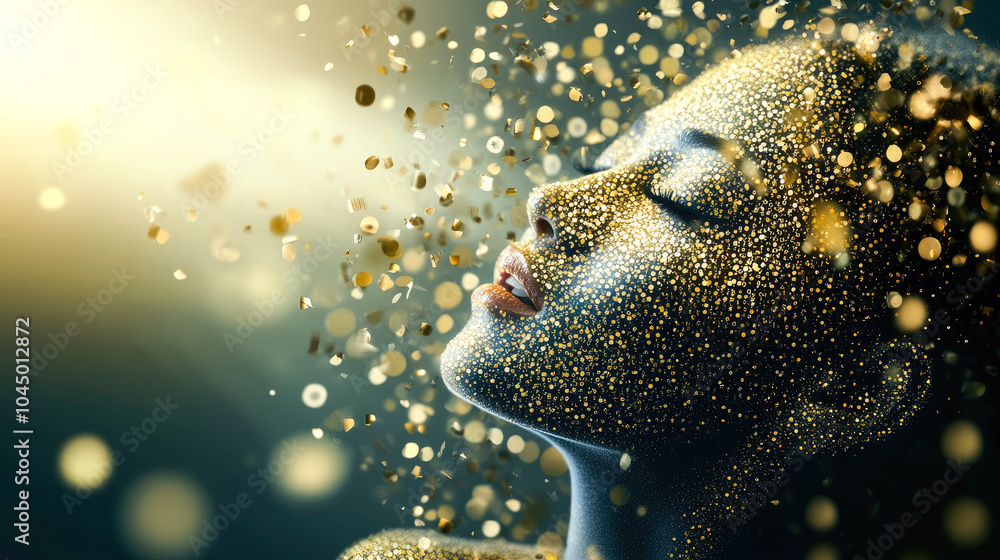 Aufkleber an upward angled portrait of a woman surrounded by luminous particles creating an abstract represent