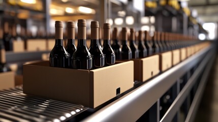 Wine Bottles Moving Along A Conveyor Belt In A Warehouse, Being Packed Safely In Cardboard Boxes For Shipping.