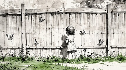 little girl standing by the fence, playing outside, summertime