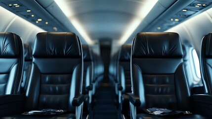 Empty rows of blue leather airplane seats with overhead compartments.