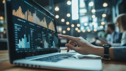 Businesswoman analyzing financial data on a laptop, concept of investment and market trends.