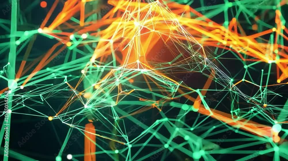 Poster abstract digital network visualization with vibrant green and orange connections on a dark backgroun
