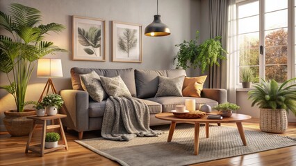 Cozy Living Room Interior Design with Grey Sofa and Knitted Blanket, Modern Aesthetics, Warm Atmosphere, Home Decor, Stylish Furniture, Relaxing Spaces
