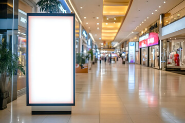 Mock up. Blank vertical poster billboard, advertising stand, lightbox inside shopping mall