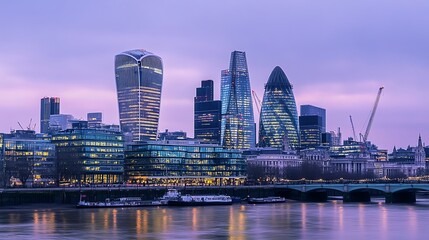 Obraz premium The London skyline at dusk with a river in the foreground.