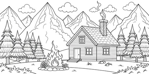 Obraz premium Cozy Mountain House with Fireplace Coloring Page for Kids - Printable 8.5x11 Inch Fun Activity for Children