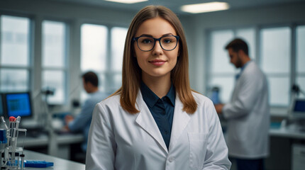Fototapeta premium Portrait of female medical doctor or scientist wearing a white coat and glasses in a modern laboratory with a team of medical science specialists in the background