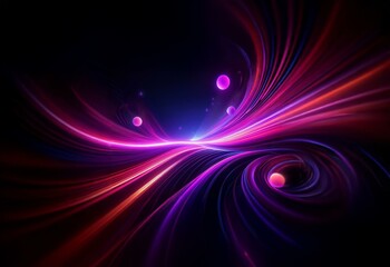An abstract image of swirling lines and glowing orbs in shades of purple, pink, and blue on a black background.
